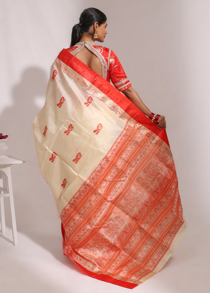 Cream Garad Pure Silk Saree Without Blouse Piece
