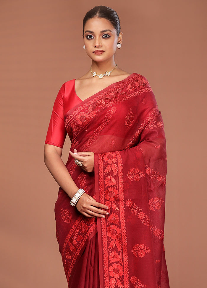 Maroon Pure Cotton Saree With Blouse Piece