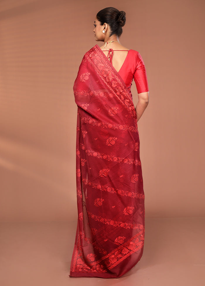 Maroon Pure Cotton Saree With Blouse Piece