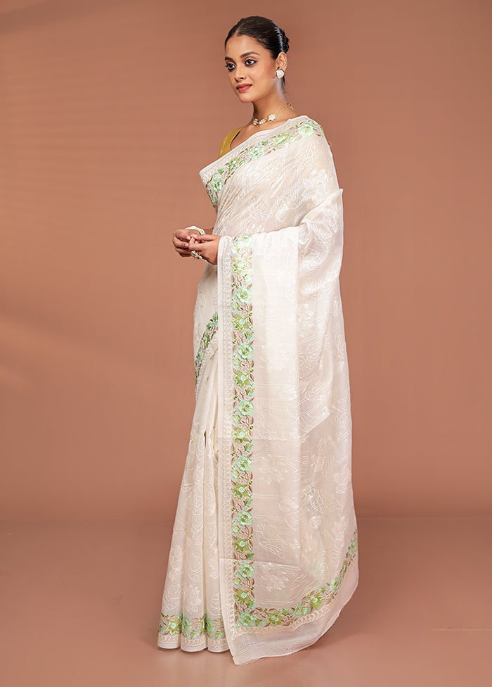 White Pure Cotton Saree With Blouse Piece