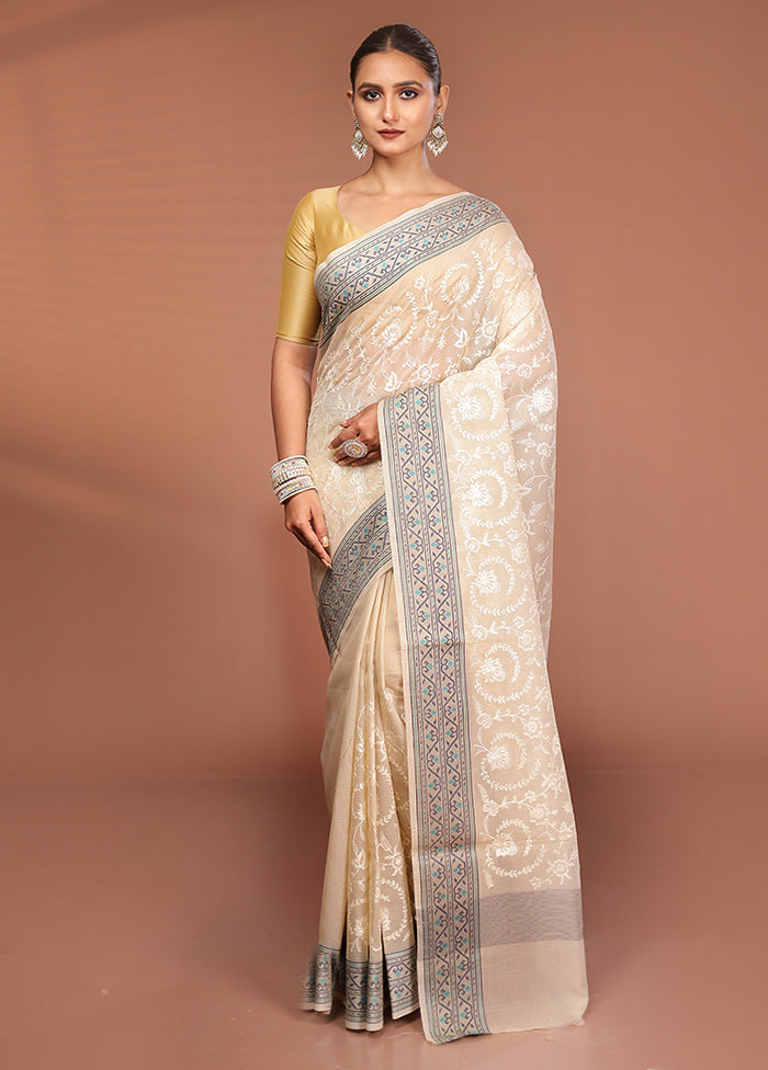 Cream Cotton Saree With Blouse Piece