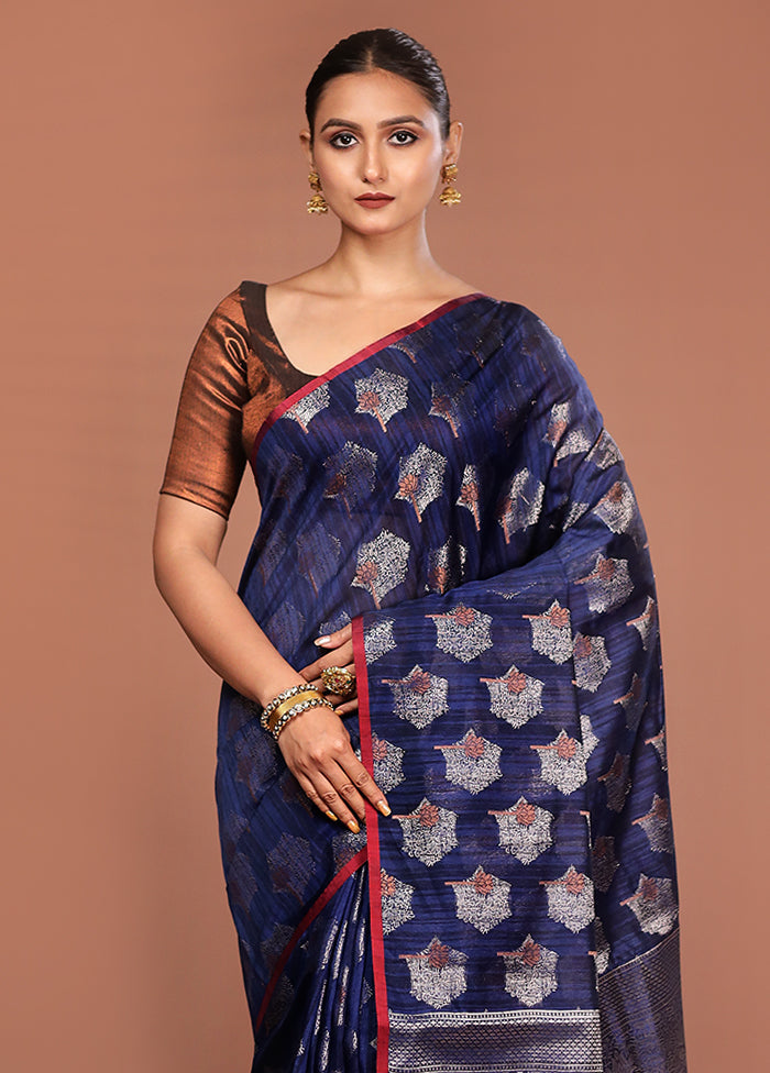Blue Kora Silk Saree With Blouse Piece