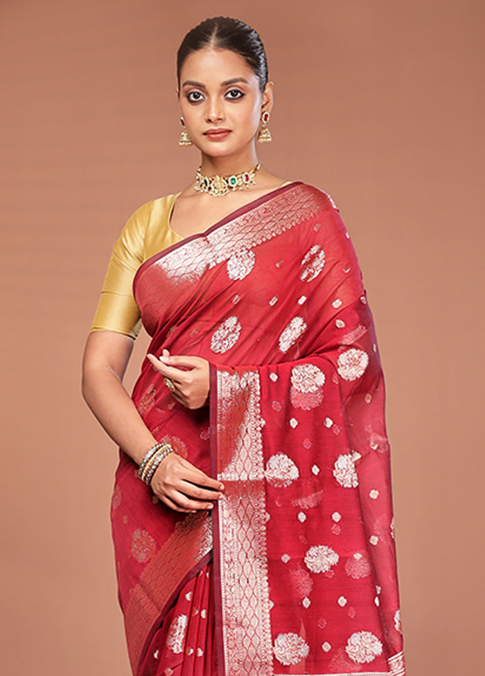 Maroon Kora Silk Saree With Blouse Piece