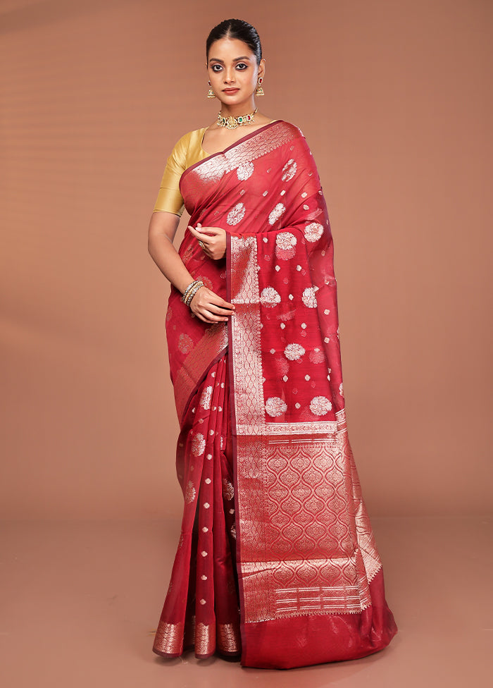 Maroon Kora Silk Saree With Blouse Piece