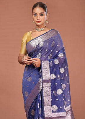 Blue Kora Silk Saree With Blouse Piece