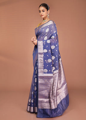 Blue Kora Silk Saree With Blouse Piece
