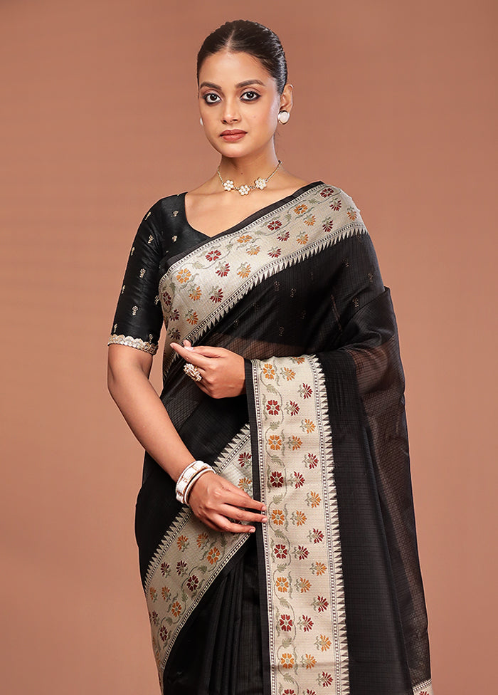 Black Kora Silk Saree With Blouse Piece
