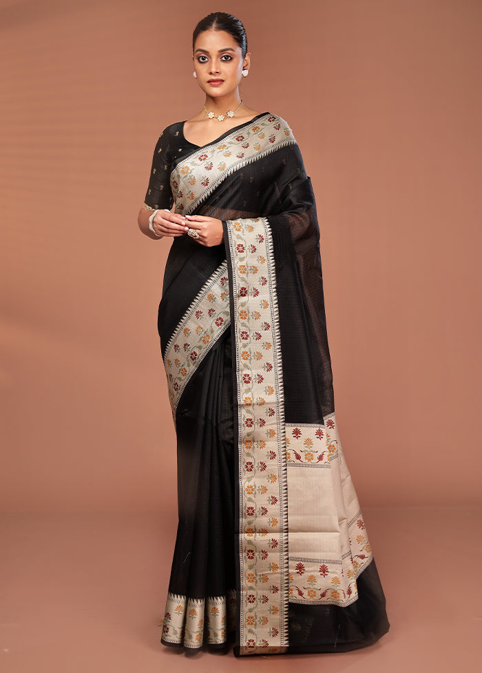 Black Kora Silk Saree With Blouse Piece