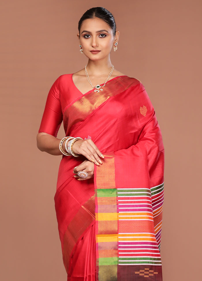 Red Handloom Kalakshetra Pure Silk Saree With Blouse Piece