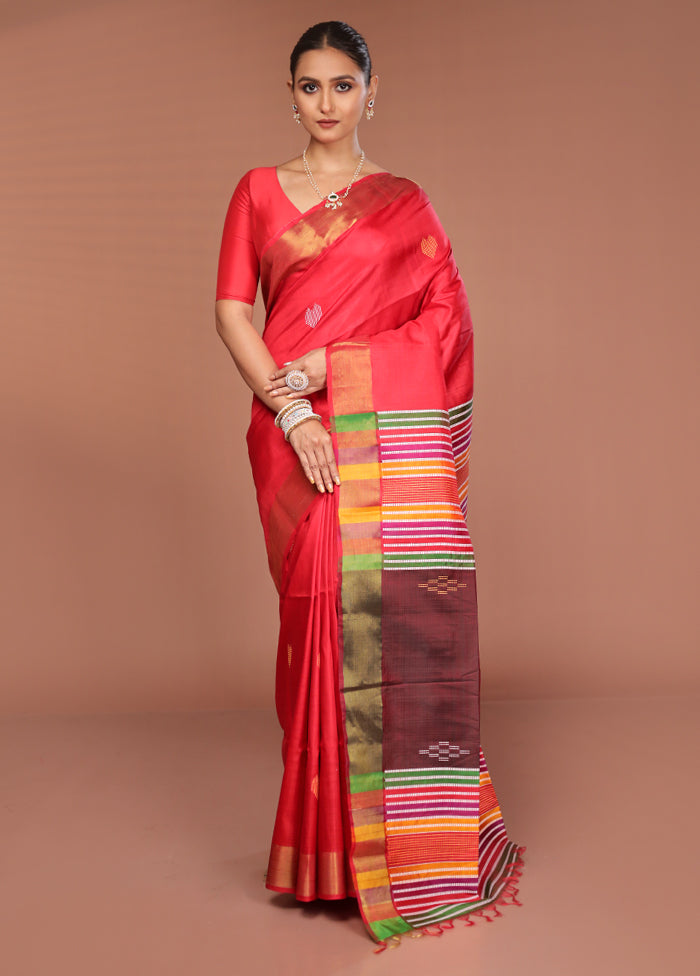 Red Handloom Kalakshetra Pure Silk Saree With Blouse Piece