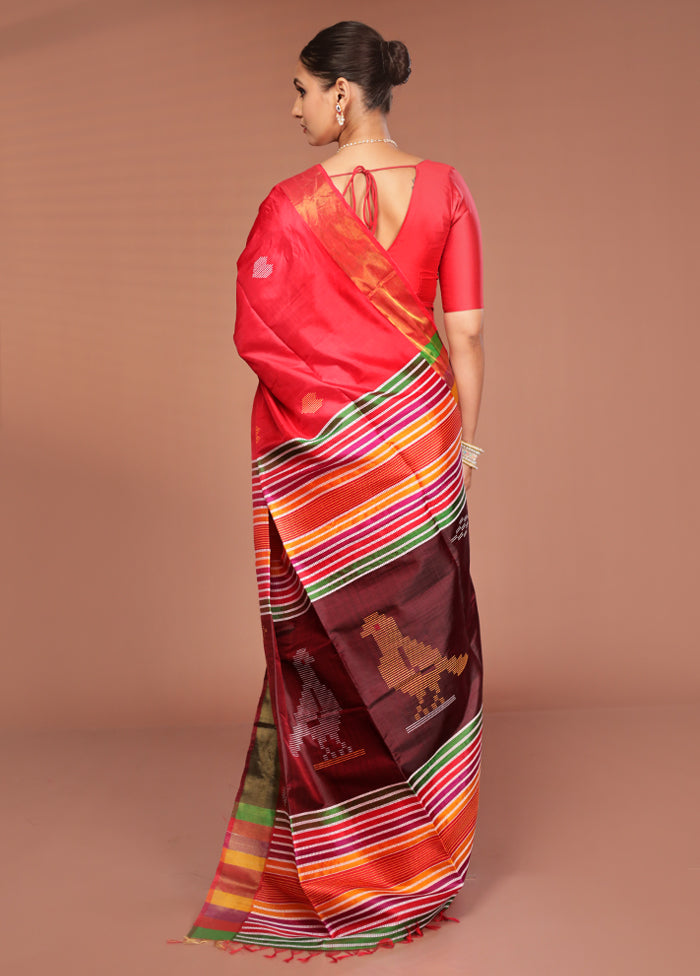 Red Handloom Kalakshetra Pure Silk Saree With Blouse Piece