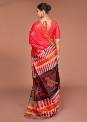 Red Handloom Kalakshetra Pure Silk Saree With Blouse Piece