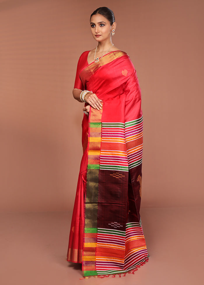 Red Handloom Kalakshetra Pure Silk Saree With Blouse Piece