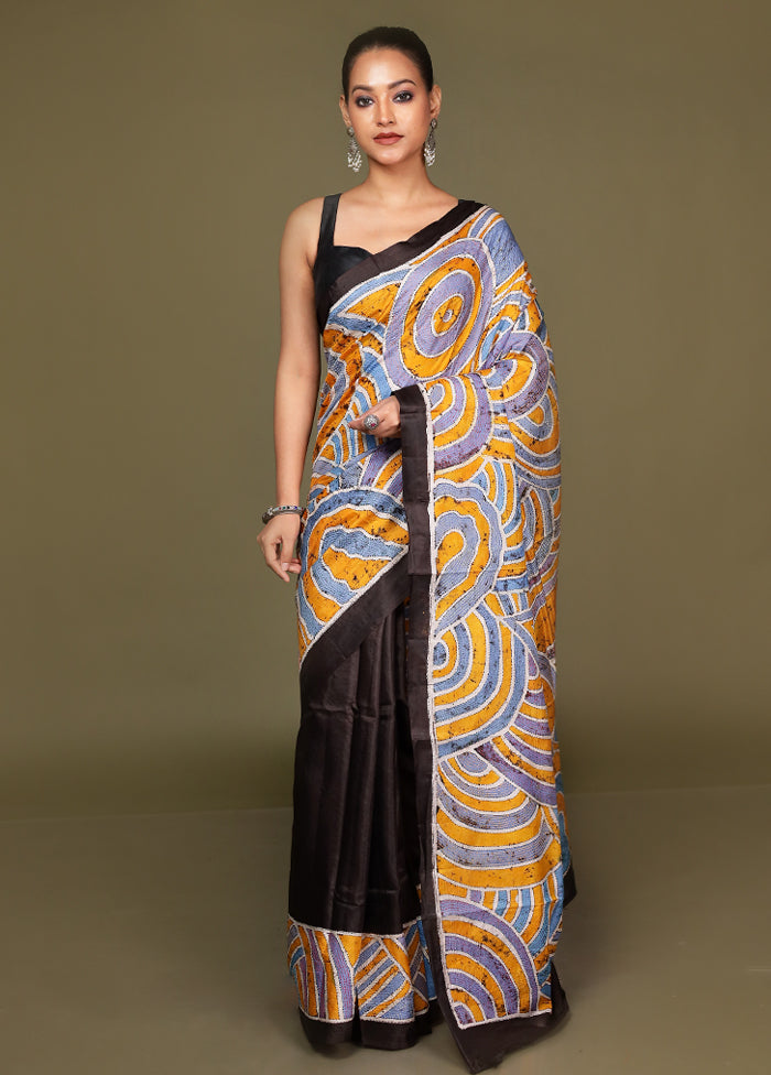 Yellow Handloom Printed Pure Silk Saree Without Blouse Piece