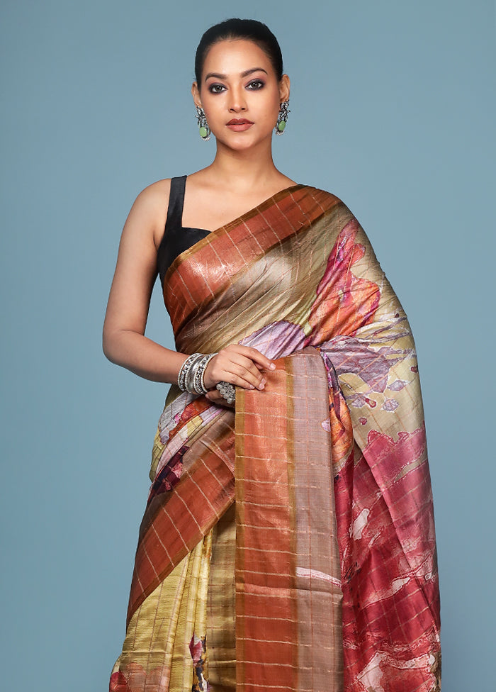 Multicolor Handloom Tussar Pure Silk Saree With Blouse Piece
