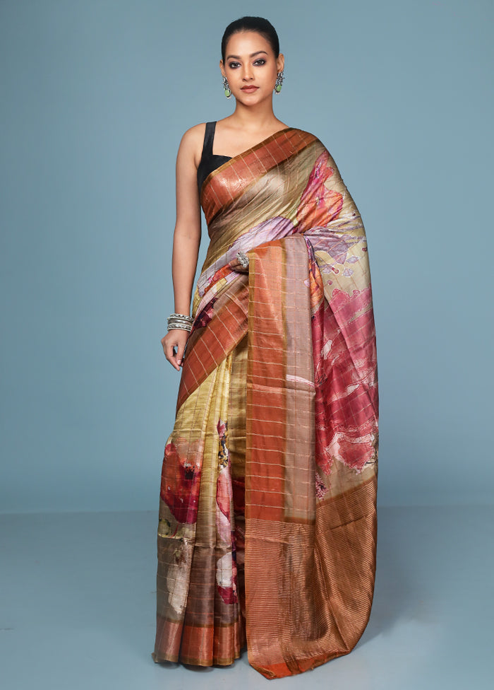 Multicolor Handloom Tussar Pure Silk Saree With Blouse Piece