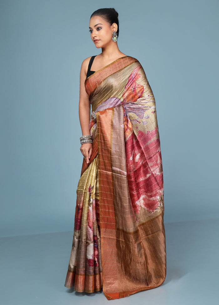 Multicolor Handloom Tussar Pure Silk Saree With Blouse Piece