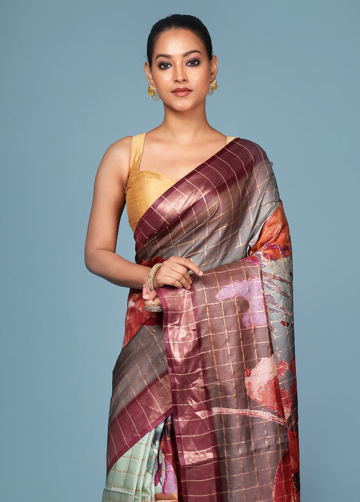 Multicolor Handloom Tussar Pure Silk Saree With Blouse Piece