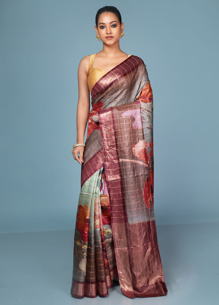 Multicolor Handloom Tussar Pure Silk Saree With Blouse Piece