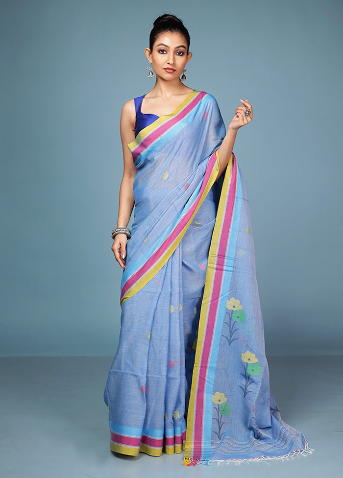 Blue Matka Silk Saree With Blouse Piece