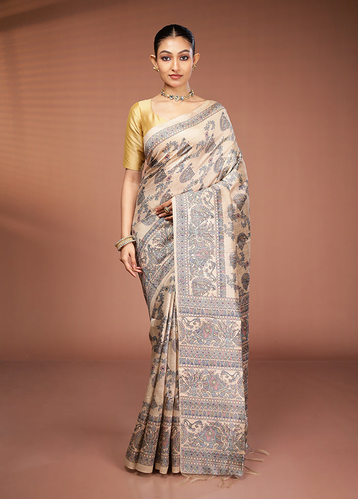 Cream Tussar Silk Saree With Blouse Piece