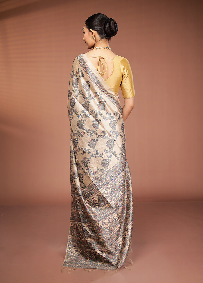 Cream Tussar Silk Saree With Blouse Piece