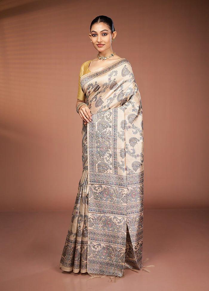 Cream Tussar Silk Saree With Blouse Piece