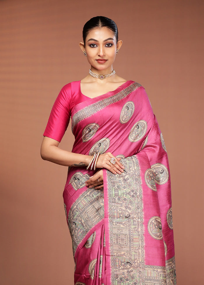 Pink Tussar Silk Saree With Blouse Piece