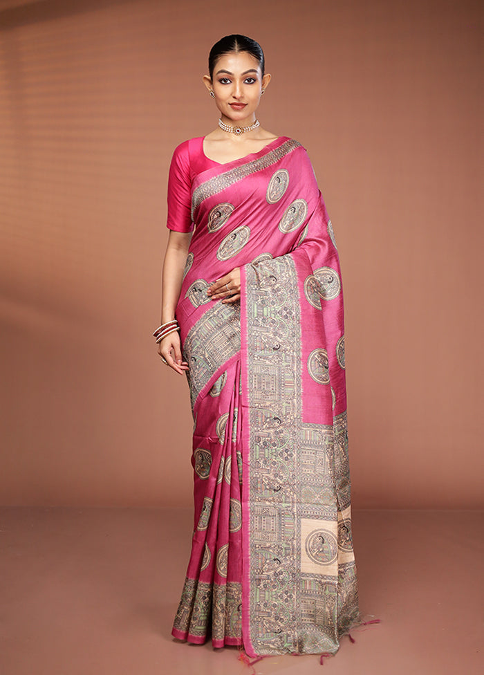 Pink Tussar Silk Saree With Blouse Piece