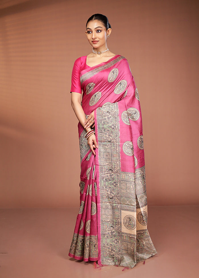 Pink Tussar Silk Saree With Blouse Piece