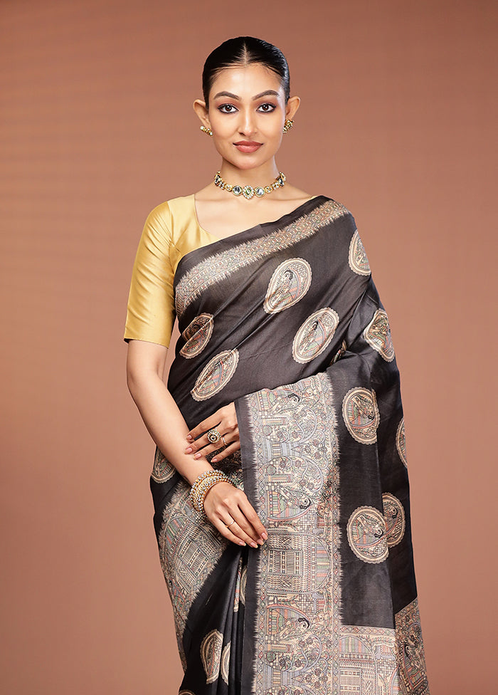 Black Tussar Silk Saree With Blouse Piece