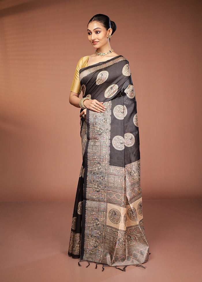 Black Tussar Silk Saree With Blouse Piece