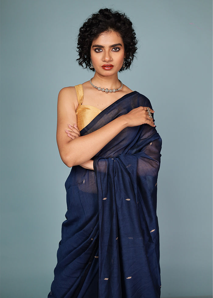 Blue Cotton Saree With Blouse Piece