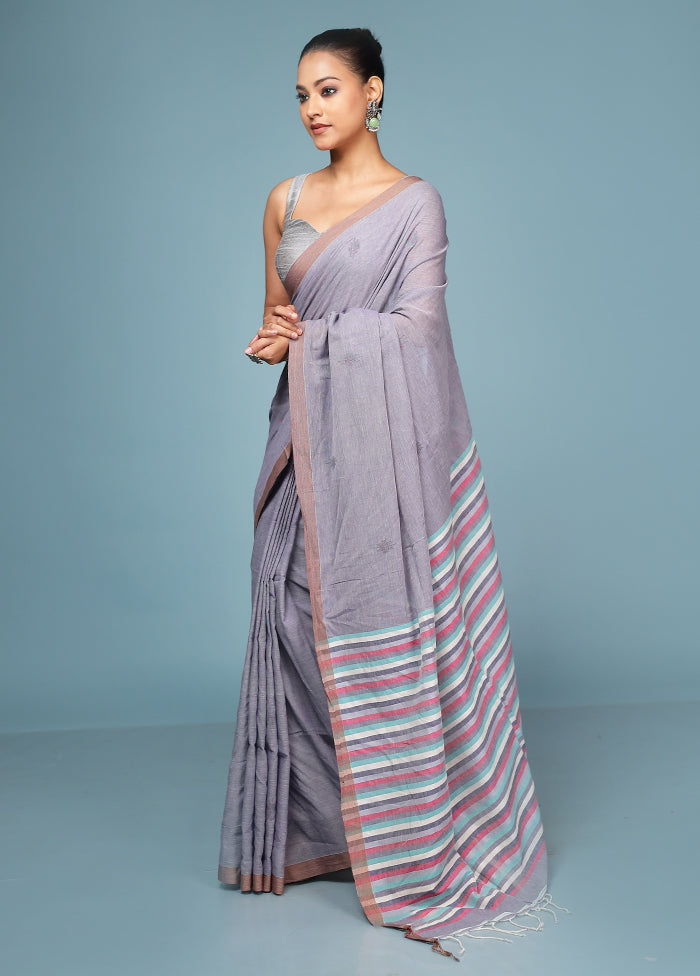 Grey Pure Cotton Saree With Blouse Piece