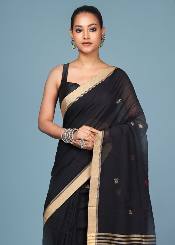 Black Pure Cotton Saree With Blouse Piece