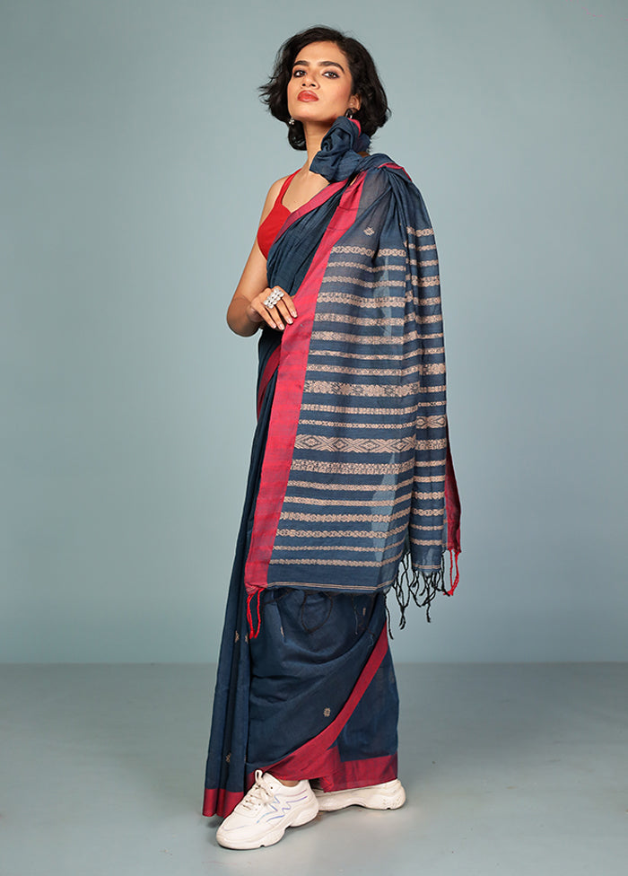 Blue Pure Cotton Saree Without Blouse Piece