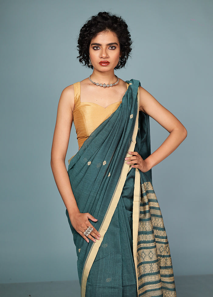 Green Pure Cotton Saree Without Blouse Piece