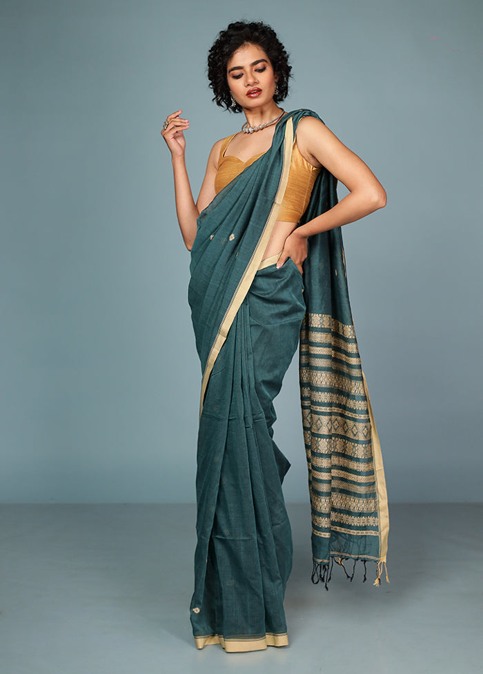 Green Pure Cotton Saree Without Blouse Piece