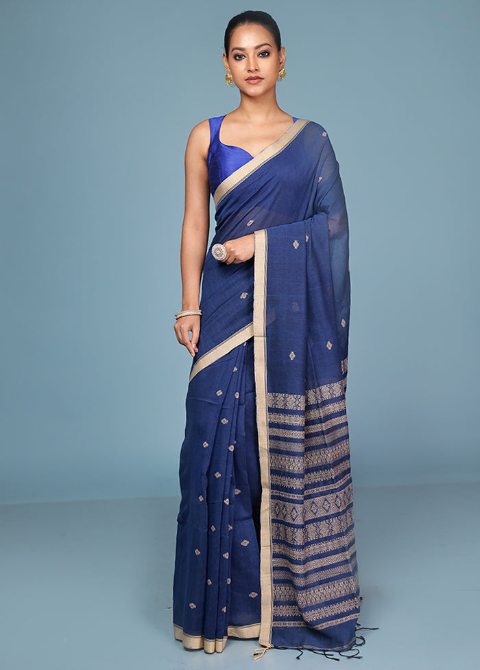 Blue Pure Cotton Saree With Blouse Piece