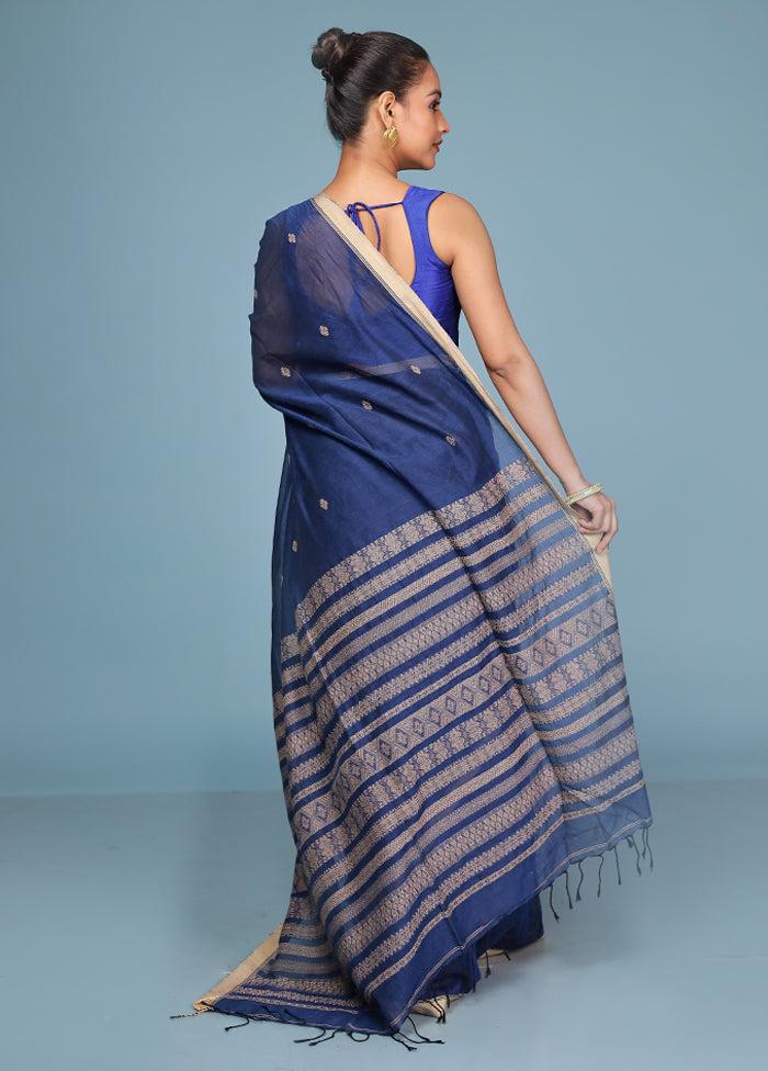 Blue Pure Cotton Saree With Blouse Piece