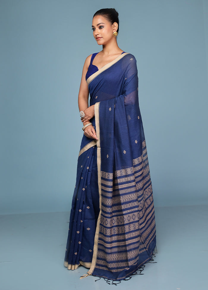 Blue Pure Cotton Saree With Blouse Piece