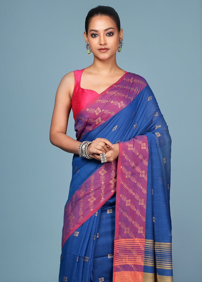 Blue Cotton Saree With Blouse Piece