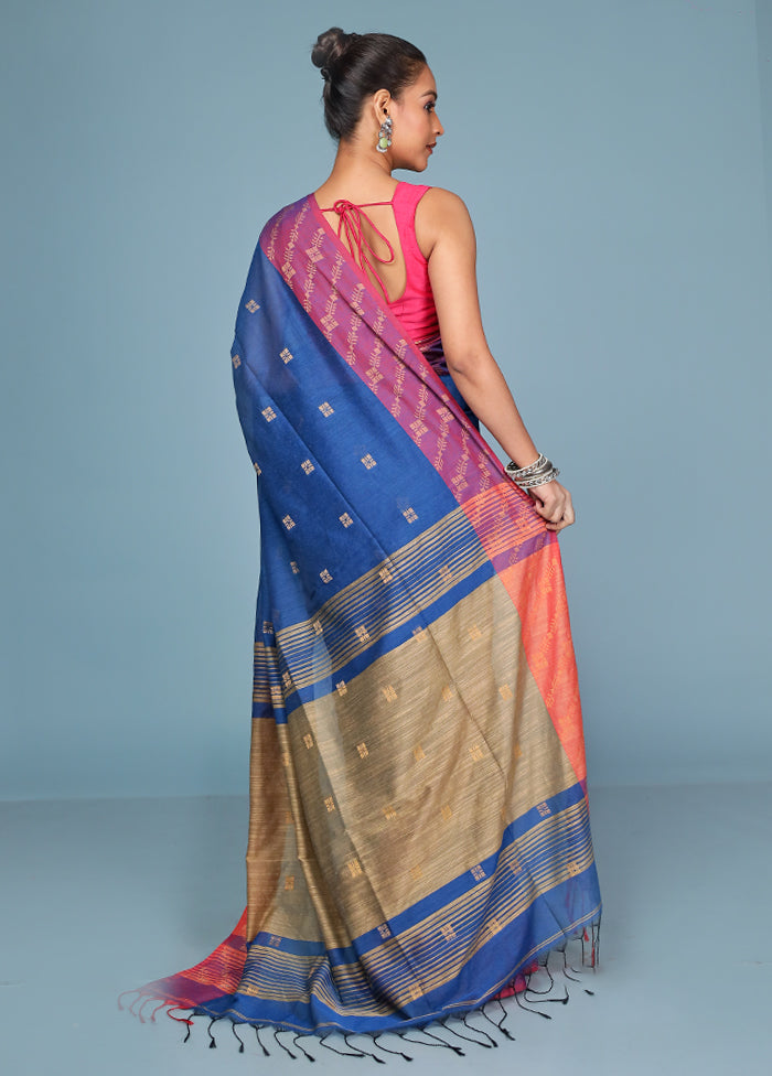 Blue Cotton Saree With Blouse Piece