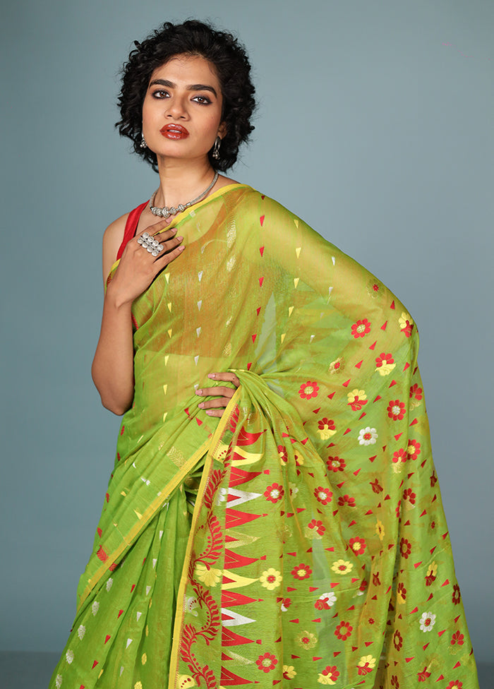 Green Tant Jamdani Saree Without Blouse Piece