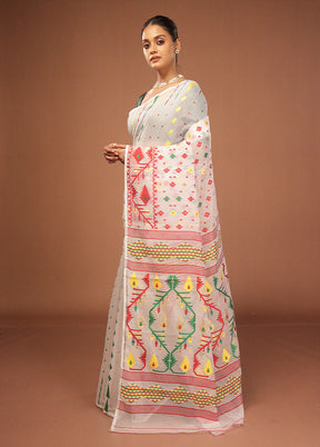 White Jamdani Cotton Saree Without Blouse Piece