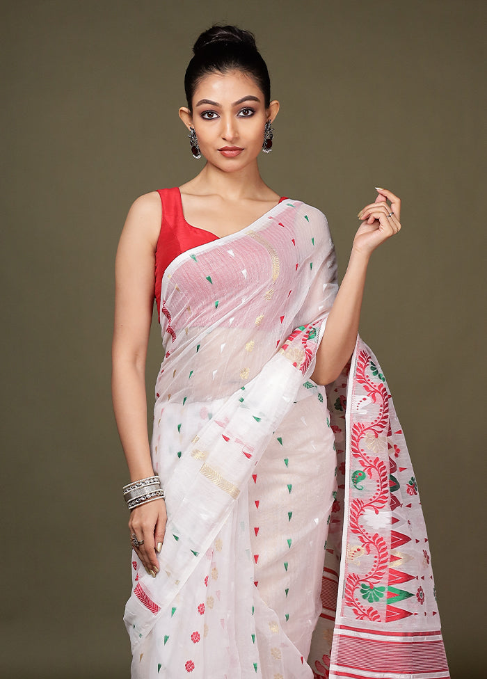 White Tant Cotton Saree Without Blouse Piece