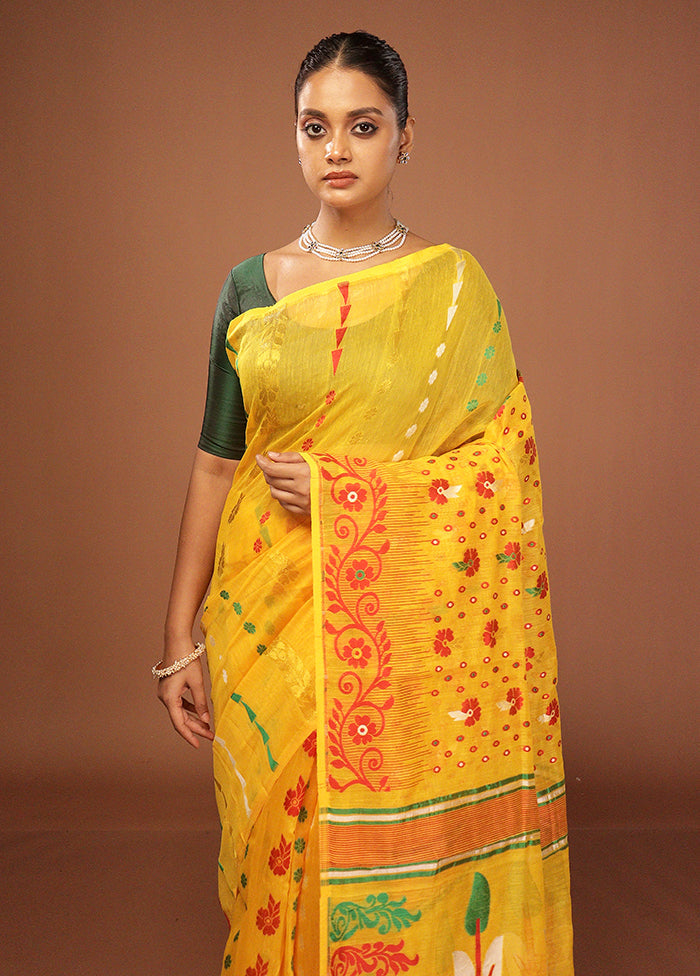 Yellow Jamdani Cotton Saree Without Blouse Piece