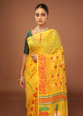 Yellow Jamdani Cotton Saree Without Blouse Piece