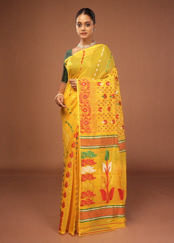 Yellow Jamdani Cotton Saree Without Blouse Piece