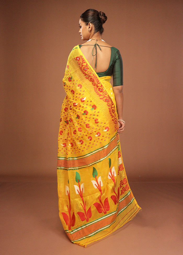 Yellow Jamdani Cotton Saree Without Blouse Piece